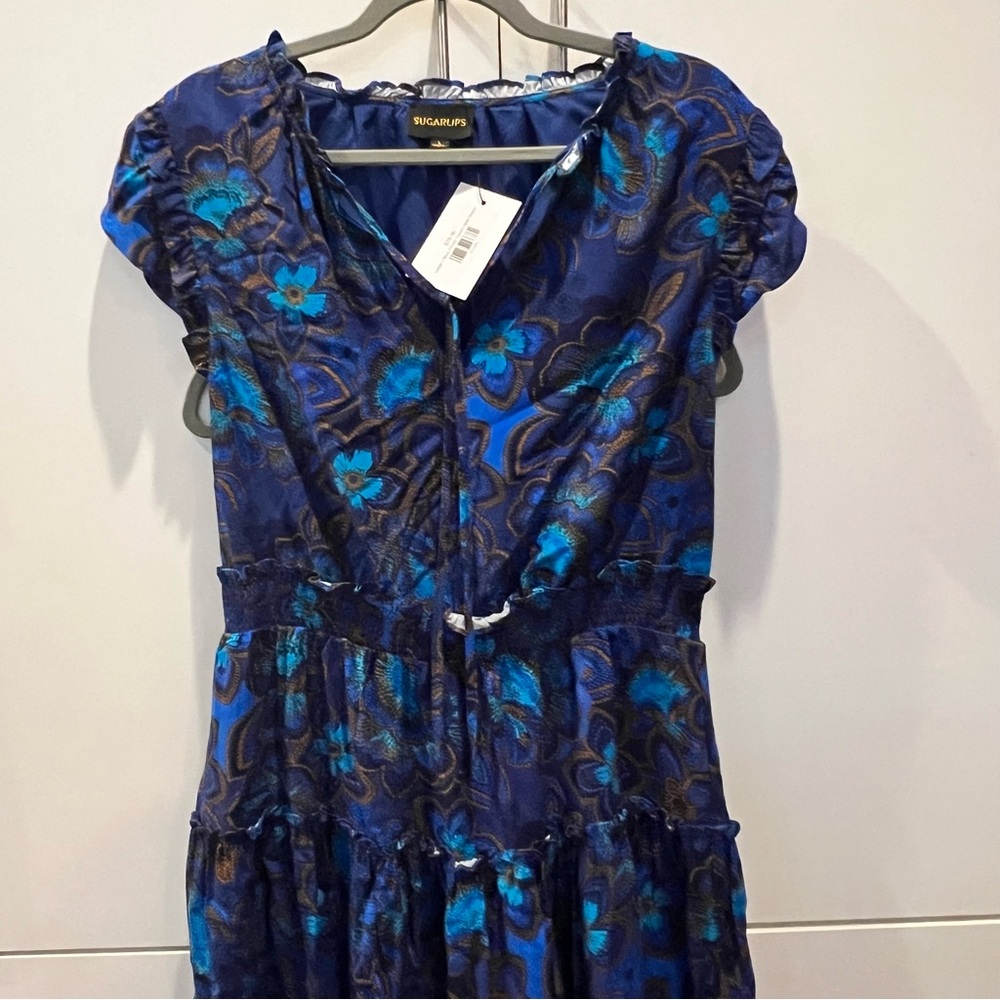 Sugarlips Blue Floral Tiered Dress LARGE NWT Lined Summer dress ruffle